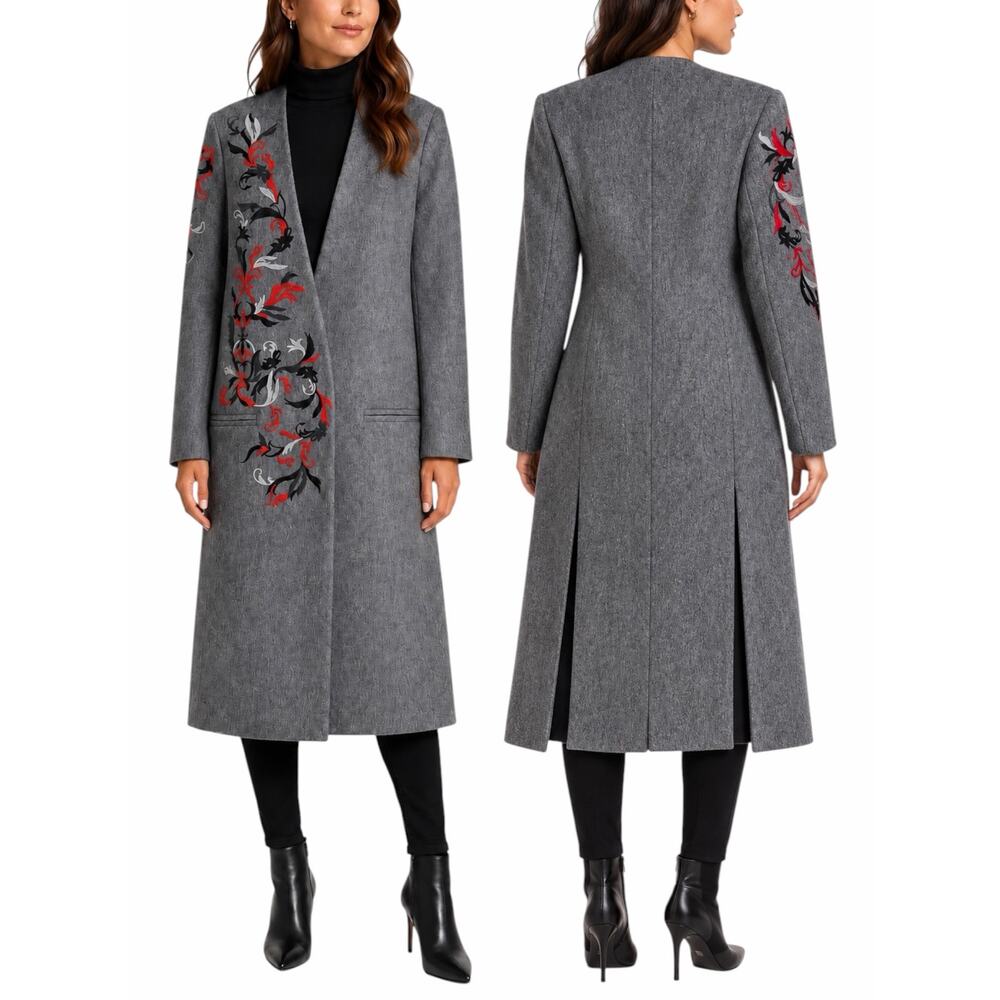Kimora Lee Simmons Wool Blend Embroidered Long Coat Gray Size 4